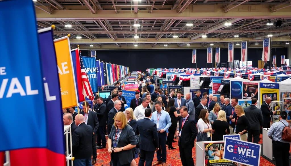 A bustling trade show floor, showcasing the latest in electoral signage and campaign materials. In the foreground, a display of vibrant, high-quality banners and flags, expertly crafted by leading manufacturers. In the middle ground, groups of savvy buyers and sellers negotiate deals, their faces lit by the warm glow of overhead spotlights. In the background, a labyrinth of shelves and stalls, stocked with a diverse array of products, from LED displays to custom-printed yard signs. The atmosphere is one of professionalism and efficiency, as this well-oiled distribution network connects innovative campaign technologies with the political marketers who need them.