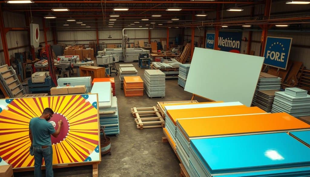 A bustling workshop filled with machinery and skilled workers crafting a variety of eye-catching election signage. In the foreground, a worker meticulously paints bold, vibrant patterns onto large billboard panels. The middle ground showcases an array of partially assembled signs, their frames and supports neatly organized. In the background, industrial-grade cutting and shaping equipment whirs, surrounded by piles of raw materials. Warm, focused lighting casts dramatic shadows, emphasizing the precision and care taken in this specialized production facility. The overall scene conveys a sense of industry, craftsmanship, and the integral role these manufacturers play in the electoral advertising landscape.