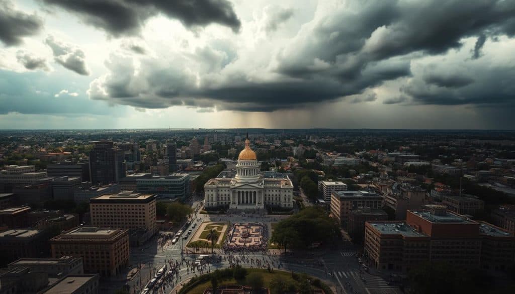 A dramatic, high-contrast aerial view of a country's capital city, with key government buildings and infrastructure visible. The streets are bustling with citizens, some holding protest signs expressing discontent. Ominous storm clouds loom overhead, casting an oppressive shadow over the scene. The lighting is dramatic, with strong directional shadows and highlights, as if shot during a tense political moment. The overall atmosphere conveys a sense of uncertainty and the gravity of the situation, reflecting the turbulent impact of electoral decisions on the nation. A dramatic, high-contrast aerial view of a country's capital city, with key government buildings and infrastructure visible. The streets are bustling with citizens, some holding protest signs expressing discontent. Ominous storm clouds loom overhead, casting an oppressive shadow over the scene. The lighting is dramatic, with strong directional shadows and highlights, as if shot during a tense political moment. The overall atmosphere conveys a sense of uncertainty and the gravity of the situation, reflecting the turbulent impact of electoral decisions on the nation.