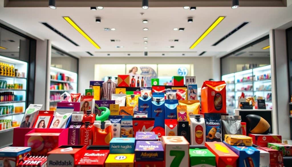 A dynamic and eye-catching POP display in a modern retail setting, showcasing innovative product packaging and vibrant colors. The foreground features an array of stylishly arranged consumer goods, their shapes and textures inviting interaction. The midground captures the display's vibrant, well-lit ambiance, drawing the viewer's attention. In the background, a sleek, minimalist store interior creates a clean, sophisticated backdrop, allowing the POP elements to take center stage. The overall composition radiates a sense of originality, professionalism, and consumer appeal, perfectly capturing the essence of an integrated POP strategy for a successful marketing campaign.