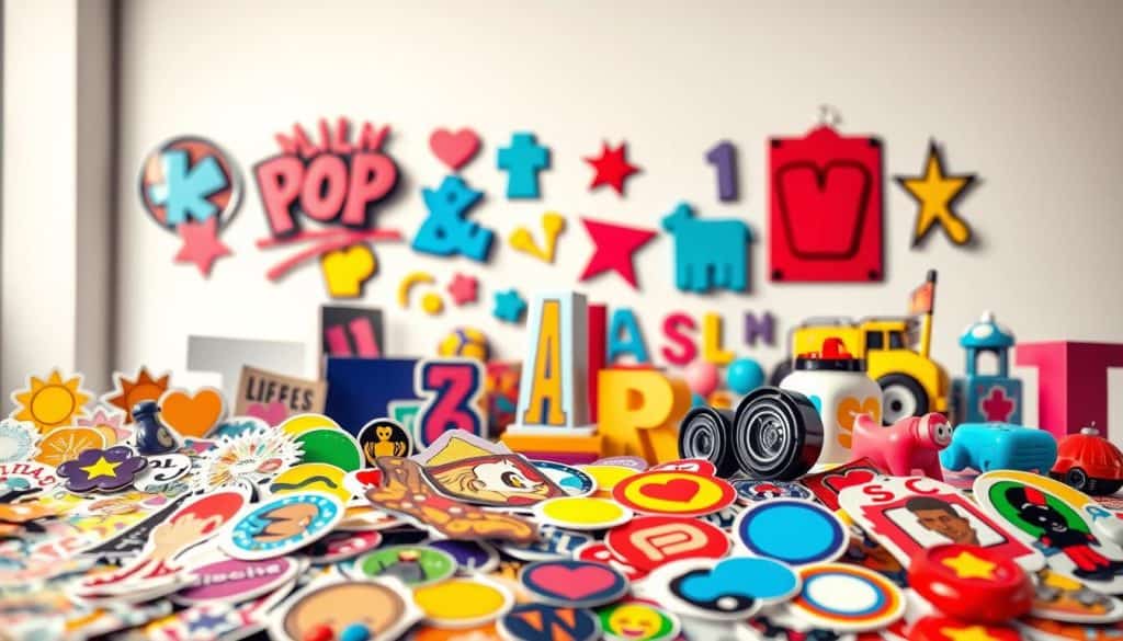 A high-quality, hyper-realistic photo showcasing an assortment of vibrant, eye-catching pop art materials. In the foreground, an array of colorful stickers, decals, and adhesive labels of various shapes and designs. In the middle ground, a collection of glossy, three-dimensional promotional items such as cardboard cutouts, standees, and hanging displays. In the background, a clean, minimalist studio setting with soft, even lighting to highlight the materials' vivid colors and textures. The overall composition conveys a sense of creativity, innovation, and the power of pop art to captivate and engage audiences.
