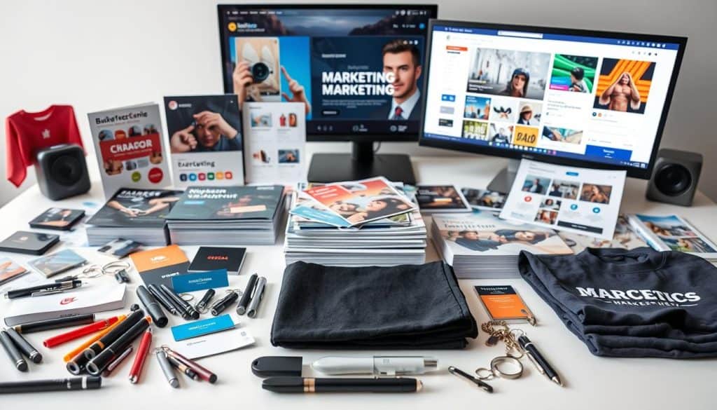 A high-quality, hyper-realistic photograph of a diverse collection of marketing tools and promotional materials arranged on a white tabletop. In the foreground, various branded merchandise such as pens, keychains, and t-shirts are neatly displayed. In the middle ground, there are stacks of business cards, flyers, and brochures showcasing different marketing designs. In the background, a large monitor displays digital marketing assets like social media graphics and website mockups. The lighting is soft and even, creating a clean, professional, and visually appealing composition that showcases the wide range of tools available for businesses to promote their products and services.