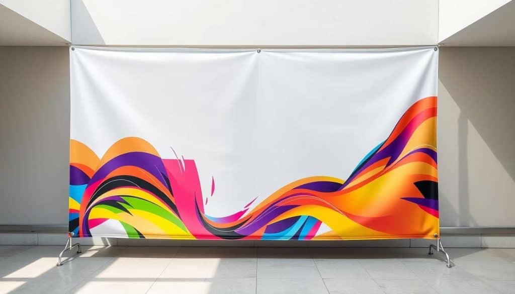 A high-quality, large-format printed vinyl banner in a vibrant, eye-catching design. The banner features a bold, colorful graphic with a sleek, modern aesthetic. The foreground showcases the focal point of the design, a dynamic, abstract pattern that draws the viewer's attention. The middle ground contains a clean, minimalist layout with ample negative space, allowing the graphics to take center stage. The background is a soft, muted tone that provides a subtle, complementary contrast to the vivid colors in the foreground. The lighting is natural and diffused, creating a soft, even illumination across the entire surface. The angle is frontal, capturing the full breadth and scale of the banner in a high-resolution, hyper-realistic photographic style.