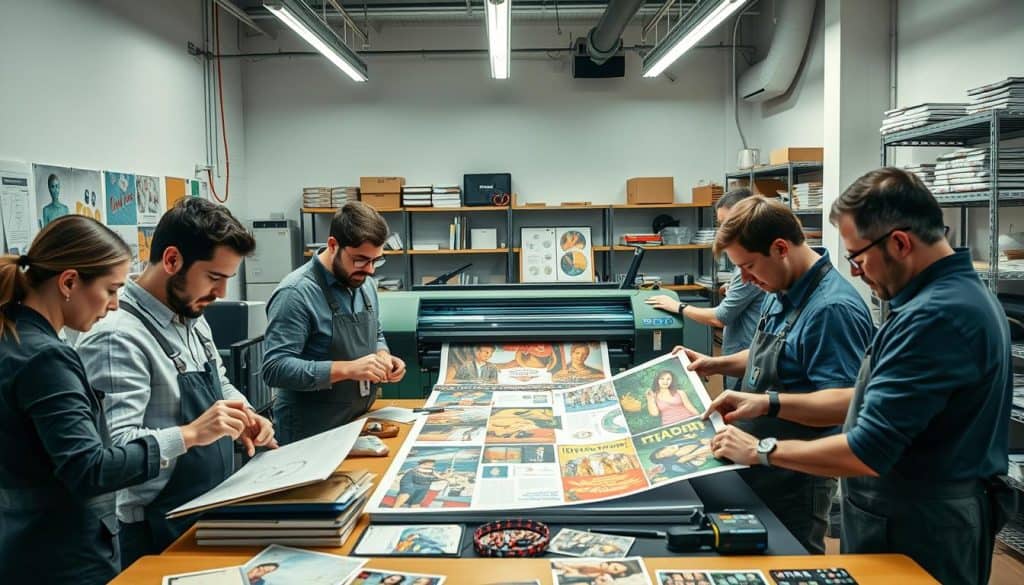 A high-resolution, hyper-realistic photo showcasing a group of skilled artisans gathered in a modern, well-lit studio. In the foreground, a team of graphic designers meticulously crafting personalized POP materials, their faces focused and their hands deftly manipulating design tools. In the middle ground, a large-format printer is churning out vivid, customized prints, the vibrant colors and sharp details capturing the essence of their work. In the background, shelves are lined with an array of specialized equipment, from cutting plotters to laminating machines, all testaments to the comprehensive capabilities of this elite team of "Especialistas en Personalización."