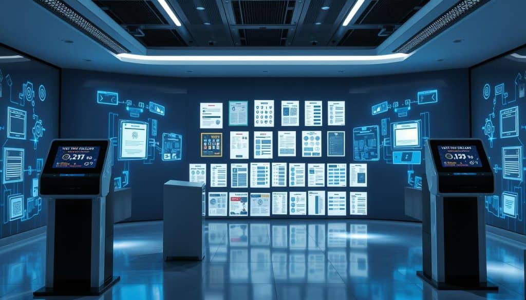 A high-tech electoral display showcasing innovative ballot designs and voting systems. The foreground features sleek, modern voting terminals with touch screens and biometric scanners. The middle ground showcases an array of customizable ballot templates, each with a unique visual flair. In the background, holographic projections dance across the walls, illustrating the integration of cutting-edge technologies. The lighting is cool and futuristic, with sharp shadows and highlights accentuating the clean, minimalist aesthetic. The overall mood is one of efficiency, security, and voter empowerment through advanced electoral materials. A high-tech electoral display showcasing innovative ballot designs and voting systems. The foreground features sleek, modern voting terminals with touch screens and biometric scanners. The middle ground showcases an array of customizable ballot templates, each with a unique visual flair. In the background, holographic projections dance across the walls, illustrating the integration of cutting-edge technologies. The lighting is cool and futuristic, with sharp shadows and highlights accentuating the clean, minimalist aesthetic. The overall mood is one of efficiency, security, and voter empowerment through advanced electoral materials.