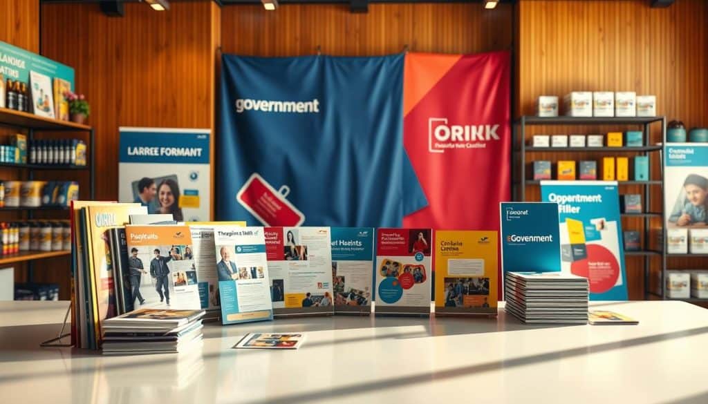 A highly detailed, hyper-realistic photograph depicting an assortment of promotional and point-of-sale materials for different levels of government. In the foreground, colorful brochures, flyers, and signage stand upright on a sleek, modern desk. The middle ground features a variety of large format banners and backdrops, showcasing vibrant designs and slogans. In the background, shelves filled with product samples and packaging create a sense of depth and organization. Warm, directional lighting casts dramatic shadows, highlighting the high-quality textures and finishes of the materials. The overall scene conveys a professional, high-end marketing and communications suite tailored for various public sector clients. A highly detailed, hyper-realistic photograph depicting an assortment of promotional and point-of-sale materials for different levels of government. In the foreground, colorful brochures, flyers, and signage stand upright on a sleek, modern desk. The middle ground features a variety of large format banners and backdrops, showcasing vibrant designs and slogans. In the background, shelves filled with product samples and packaging create a sense of depth and organization. Warm, directional lighting casts dramatic shadows, highlighting the high-quality textures and finishes of the materials. The overall scene conveys a professional, high-end marketing and communications suite tailored for various public sector clients.
