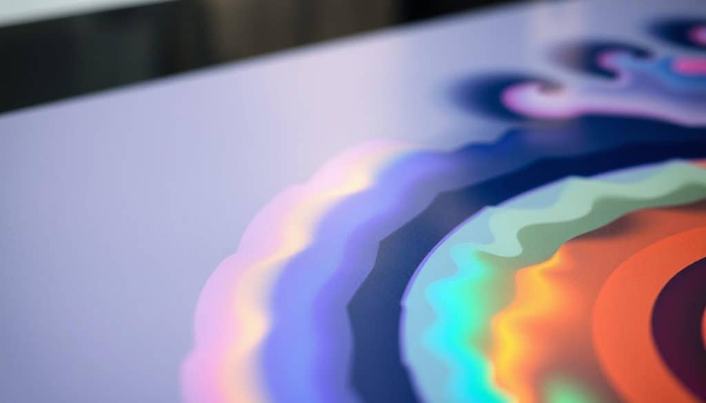 A hyper realistic close-up photograph of a vibrant, multi-colored ink impression on a smooth, matte plastic surface. The ink has a glossy, UV-cured finish that reflects light in mesmerizing patterns. The image captures the intricate details of the printed design, showcasing its depth, vibrancy, and the high-quality finish. The background is softly blurred, allowing the print to be the central focus, conveying a sense of professional craftsmanship and attention to detail. The overall scene radiates a modern, sleek, and visually striking aesthetic, perfectly suited to illustrate the effectiveness of DTF UV printing in advertising applications. A hyper realistic close-up photograph of a vibrant, multi-colored ink impression on a smooth, matte plastic surface. The ink has a glossy, UV-cured finish that reflects light in mesmerizing patterns. The image captures the intricate details of the printed design, showcasing its depth, vibrancy, and the high-quality finish. The background is softly blurred, allowing the print to be the central focus, conveying a sense of professional craftsmanship and attention to detail. The overall scene radiates a modern, sleek, and visually striking aesthetic, perfectly suited to illustrate the effectiveness of DTF UV printing in advertising applications.