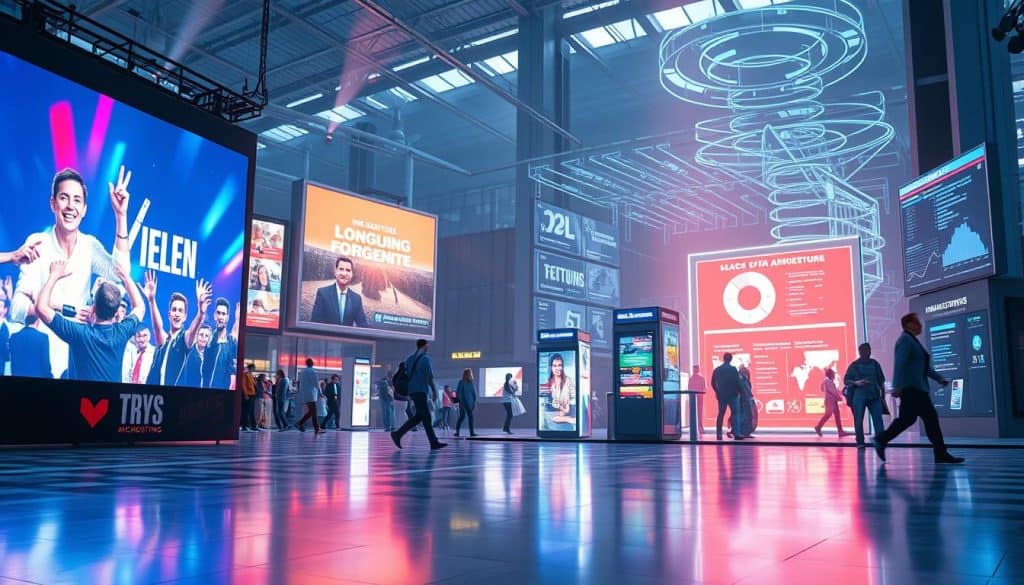 A hyper realistic, high resolution photograph showcasing the emerging technologies in electoral advertising. In the foreground, a large high-definition digital display projects vibrant, dynamic campaign visuals. In the middle ground, augmented reality billboards and interactive kiosks engage passersby with engaging content. The background features futuristic holographic projections and AI-powered data visualization dashboards, demonstrating the cutting-edge tools revolutionizing the electoral advertising landscape. The scene is bathed in a cool, futuristic lighting, capturing the innovative and technologically advanced nature of these emerging trends.