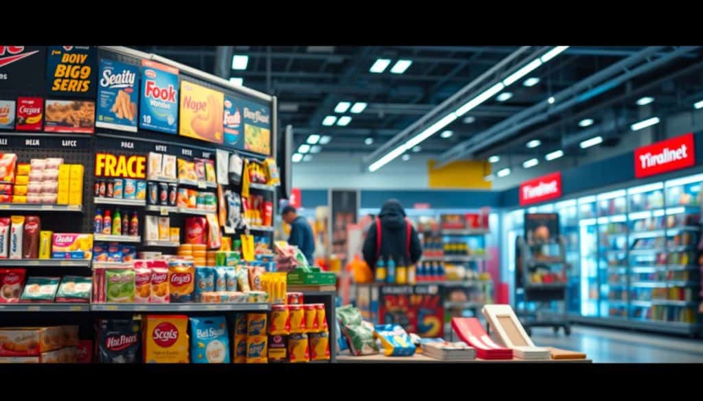 A hyper-realistic photograph depicting a vibrant retail display showcasing a diverse assortment of eye-catching Point-of-Purchase (POP) materials. The foreground features an array of product packaging, signage, and promotional elements strategically arranged to capture the attention of potential customers. The middle ground reveals the carefully curated layout of the display, with each element positioned to maximize visual impact and drive impulse purchases. The background subtly suggests the setting of a modern, well-lit retail environment, creating a sense of energy and dynamism. The overall composition conveys the essential role of POP materials in integrated marketing campaigns, seamlessly blending form and function to elevate the in-store shopping experience.