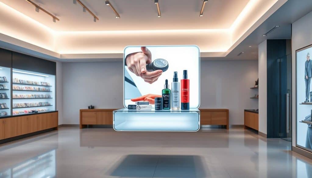 A modern, well-designed point-of-purchase display floating in a softly lit, minimalist interior. The POP material is made of sleek, high-quality acrylic, its edges seamlessly integrated into the surroundings. Bright, engaging product imagery is backlit, drawing the viewer's eye. The display is positioned at eye level, inviting interaction. Carefully arranged product samples sit atop the display, emphasizing its purpose. A sense of sophistication and brand prestige radiates from the scene, highlighting the marketing benefits of utilizing premium POP materials.