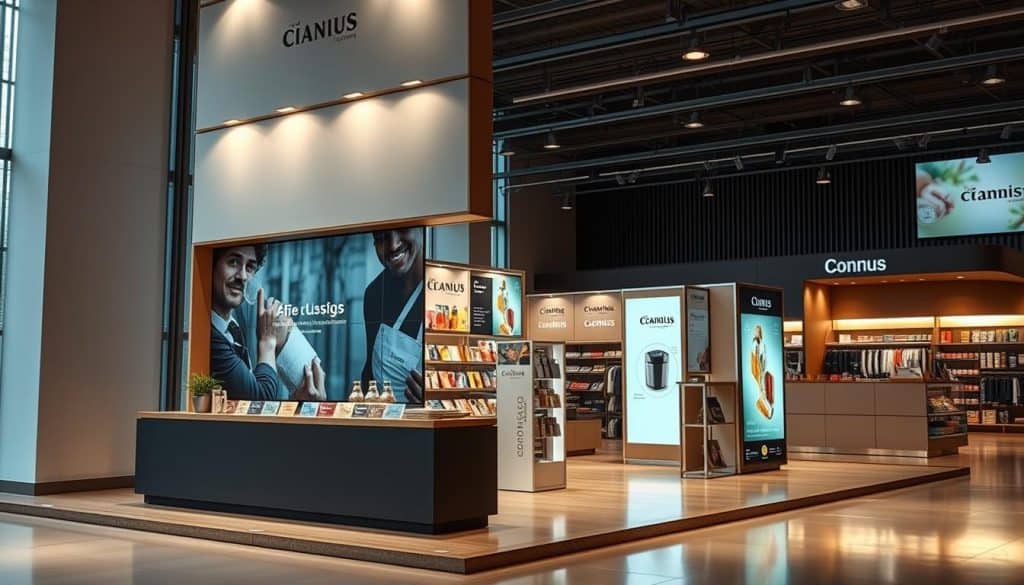 A sleek and stylish pop display in a modern retail environment, showcasing custom-designed graphics and branding elements. The display features a minimalist, eye-catching design with clean lines and a mix of matte and glossy finishes. Soft, directional lighting illuminates the display, creating a warm and inviting atmosphere. The graphics incorporate vibrant colors, bold typography, and carefully curated imagery that capture the essence of the product or brand. The overall composition is balanced and visually striking, drawing the viewer's attention and highlighting the benefits of personalized POP materials.