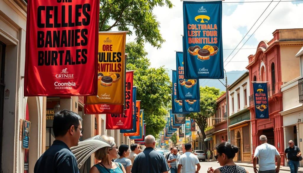 A sun-drenched street in a vibrant Colombian town, lined with rows of colorful, expertly crafted fabric banners adorning the facades of local businesses. The banners, featuring bold typography and eye-catching designs, sway gently in the warm breeze, drawing the attention of passersby. In the foreground, a group of residents admire the striking visuals, their expressions of admiration captured in hyper-realistic detail. The mid-ground showcases the intricate handiwork and attention to detail in the banner production, while the background provides a glimpse of the bustling town center, its colonial architecture and lush greenery setting the scene. The overall composition conveys a sense of community pride and the power of strategic, visually impactful outdoor advertising.