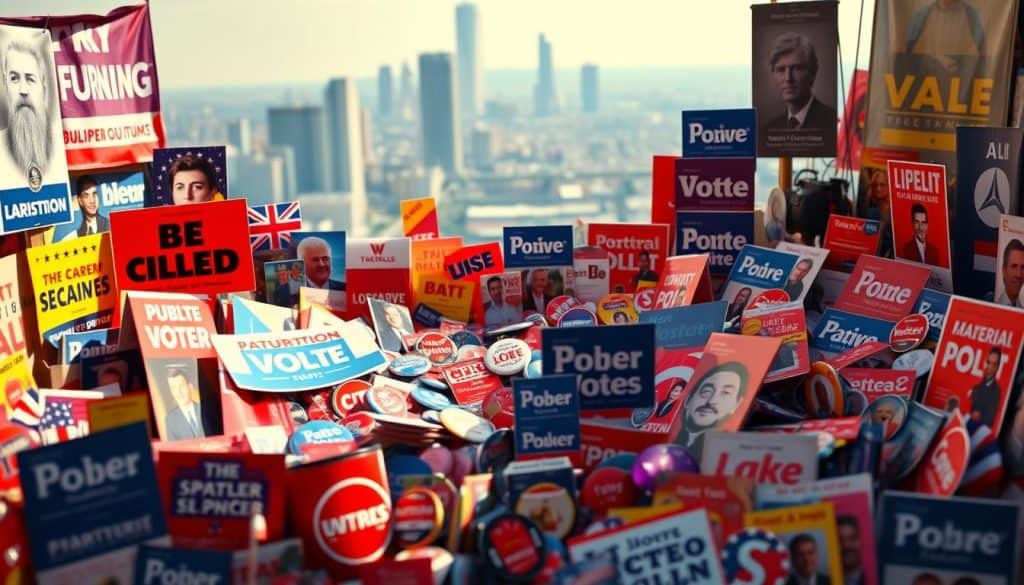 A vibrant and intricate display of "material pop electoral" elements, captured in a hyper-realistic photographic style. In the foreground, an array of brightly colored campaign posters, banners, and placards jostle for attention, their bold graphics and slogans creating a visually striking composition. In the middle ground, a collection of promotional items such as buttons, stickers, and leaflets are arranged in a dynamic, organic layout, adding depth and texture to the scene. The background features a subtly blurred cityscape, hinting at the broader political and social context in which this material pop electoral display exists. Dramatic, directional lighting casts dramatic shadows, emphasizing the three-dimensional nature of the objects and lending an air of excitement and anticipation to the overall image.