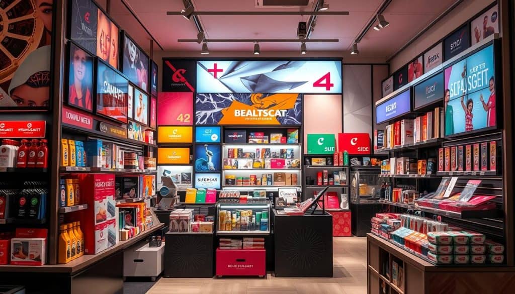 A vibrant array of point-of-purchase displays and promotional materials, crafted with meticulous attention to detail. Captivating product packaging, eye-catching signage, and innovative in-store displays come together to create a visually stunning and immersive brand experience. Soft, diffused lighting illuminates the scene, highlighting the textural qualities of the materials - glossy, matte, and metallic finishes that catch the eye and draw the customer in. The composition is balanced, with a harmonious interplay of shapes, colors, and textures that convey a sense of professionalism and high-quality craftsmanship. This is the essence of "material pop" - a powerful tool for driving engagement and boosting the impact of any advertising campaign.