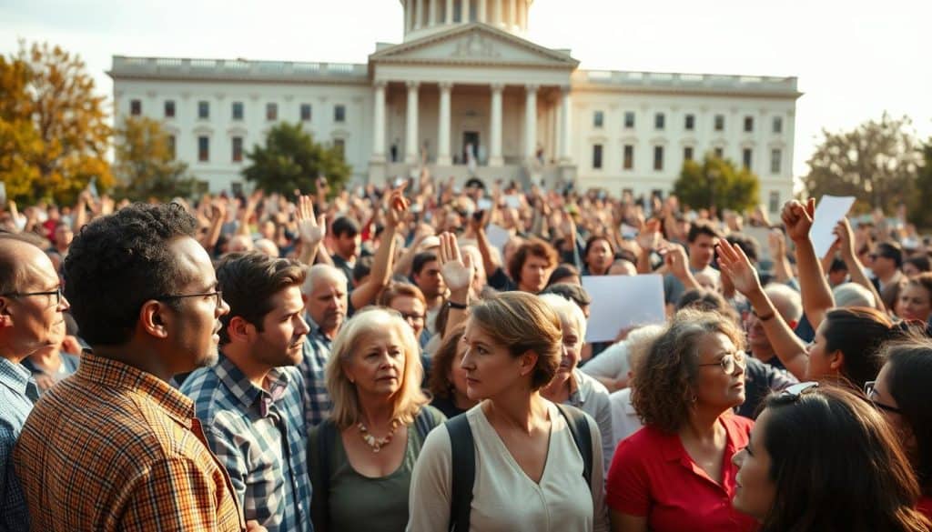 A vibrant crowd of diverse citizens engaged in lively discussion, debating the issues that matter most to their community. In the foreground, a group of people stand shoulder to shoulder, their faces thoughtful and resolute as they exchange ideas. Behind them, a sea of hands raised, voices raised in a chorus of civic participation. The scene is bathed in warm, diffused light, creating a sense of unity and shared purpose. In the background, the grand façade of a government building stands as a symbol of the democratic process, framing the active engagement of the populace. Captured with a wide-angle lens to convey the scale and energy of this moment of collective civic involvement. A vibrant crowd of diverse citizens engaged in lively discussion, debating the issues that matter most to their community. In the foreground, a group of people stand shoulder to shoulder, their faces thoughtful and resolute as they exchange ideas. Behind them, a sea of hands raised, voices raised in a chorus of civic participation. The scene is bathed in warm, diffused light, creating a sense of unity and shared purpose. In the background, the grand façade of a government building stands as a symbol of the democratic process, framing the active engagement of the populace. Captured with a wide-angle lens to convey the scale and energy of this moment of collective civic involvement.