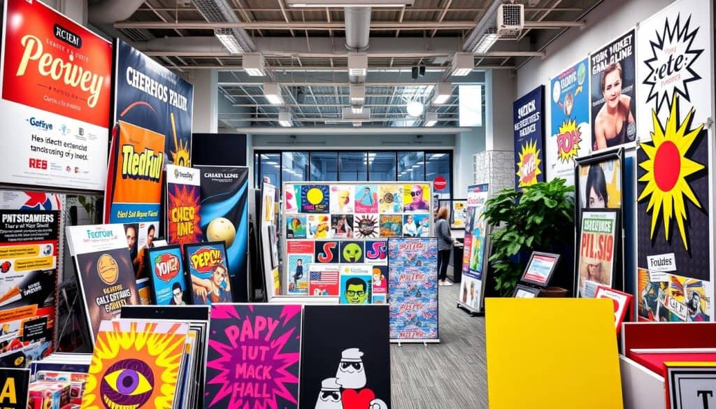 A vibrant display of diverse promotional materials, showcasing an array of pop art-inspired designs. In the foreground, eye-catching signage, banners, and standees captivate the viewer's attention, while the middle ground features an assortment of brightly colored, creatively crafted POP displays. In the background, a well-lit, modern office environment sets the stage, hinting at the professional expertise and attention to detail that goes into crafting these impactful marketing solutions. The overall scene conveys a sense of energy, creativity, and a commitment to delivering high-quality, visually striking POP materials that can elevate any governmental or commercial space. A vibrant display of diverse promotional materials, showcasing an array of pop art-inspired designs. In the foreground, eye-catching signage, banners, and standees captivate the viewer's attention, while the middle ground features an assortment of brightly colored, creatively crafted POP displays. In the background, a well-lit, modern office environment sets the stage, hinting at the professional expertise and attention to detail that goes into crafting these impactful marketing solutions. The overall scene conveys a sense of energy, creativity, and a commitment to delivering high-quality, visually striking POP materials that can elevate any governmental or commercial space.