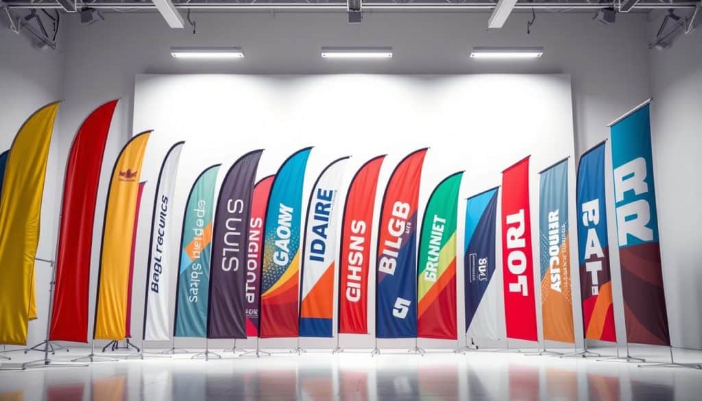 A vibrant display of various types of banners, presented in a hyper-realistic photographic style. In the foreground, an assortment of different shaped and sized banners stand tall, their fabrics billowing gently in a soft breeze. The middle ground showcases a range of banner designs, including solid colors, patterns, and text-based compositions, each capturing the attention with its compelling visual appeal. In the background, a clean, well-lit studio setting provides a pristine backdrop, allowing the banners to shine. The lighting is soft and directional, casting subtle shadows that accentuate the depth and dimensionality of the scene. The overall atmosphere is one of professionalism, quality, and a keen eye for design, perfectly suited to illustrate the "Types of Banners" section of the article.
