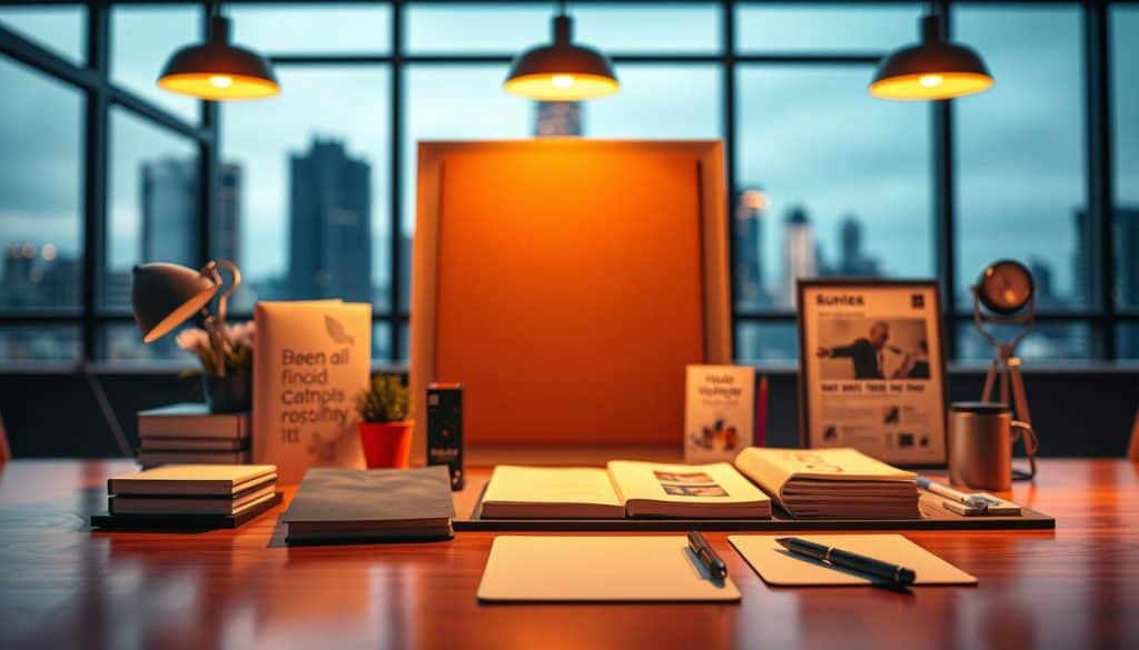 A vibrant, hyper-realistic advertisement display featuring an array of expertly designed stationery items. In the foreground, a meticulously crafted desk showcases an assortment of printed materials, including a smartly designed notepad, a sleek vinyl banner, and a well-proportioned poster. The middle ground captures the warm, ambient lighting illuminating the scene, creating a professional, yet inviting atmosphere. In the background, a blurred cityscape provides a subtle context, hinting at the broader commercial environment. The overall composition conveys a sense of impactful, effective advertising, reflecting the core theme of evaluating the efficacy of printed marketing materials. A vibrant, hyper-realistic advertisement display featuring an array of expertly designed stationery items. In the foreground, a meticulously crafted desk showcases an assortment of printed materials, including a smartly designed notepad, a sleek vinyl banner, and a well-proportioned poster. The middle ground captures the warm, ambient lighting illuminating the scene, creating a professional, yet inviting atmosphere. In the background, a blurred cityscape provides a subtle context, hinting at the broader commercial environment. The overall composition conveys a sense of impactful, effective advertising, reflecting the core theme of evaluating the efficacy of printed marketing materials.