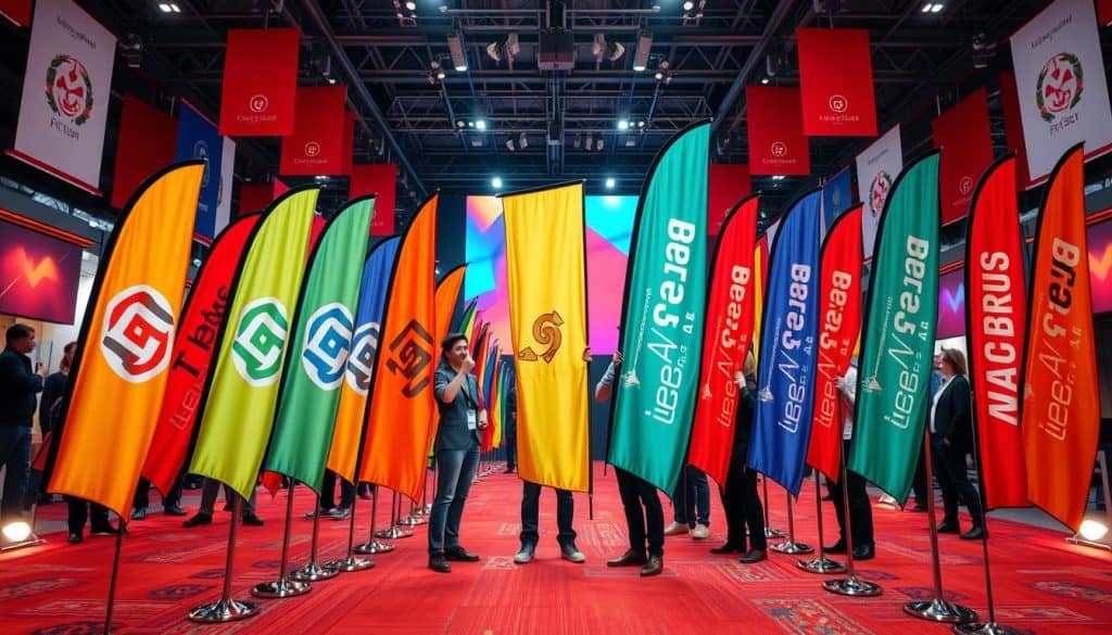 A vibrant, hyper-realistic display of successful clients' experiences with customizable flags and banners. A grand showroom filled with proud entrepreneurs showcasing their branded pendants against a backdrop of bold colors and dynamic lighting. Carefully arranged compositions highlight the versatility and impact of these promotional tools, conveying a sense of achievement and professional pride. The foreground features a variety of flag designs, elegantly displayed on sleek stands, while the middle ground showcases satisfied customers interacting with the products. The overall scene radiates a mood of enthusiasm, innovation, and business growth, inviting the viewer to envision the possibilities of these impactful marketing solutions.