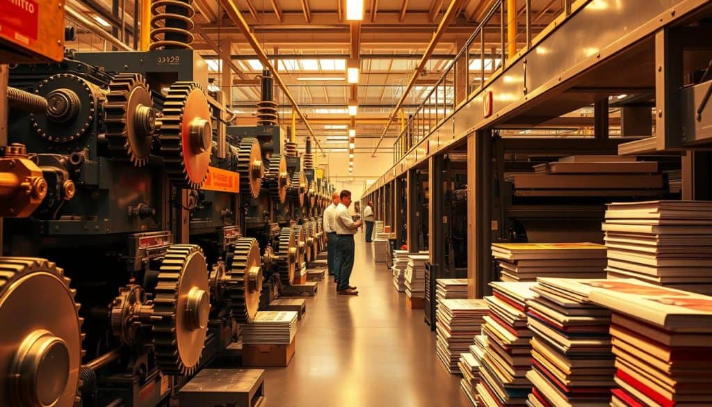A vibrant, hyper-realistic image of a bustling Colombian printing press, Artes Graficas Integradas S.A.S. Massive, modern industrial machinery dominates the foreground, its gears and mechanisms gleaming under warm, directional lighting. In the middle ground, skilled operators oversee the printing process, their faces intent as they monitor the high-speed production. The background reveals the expansive, well-organized factory floor, complete with stacks of freshly printed materials ready for distribution. The scene conveys a sense of efficiency, technological innovation, and pride in Colombian craftsmanship.