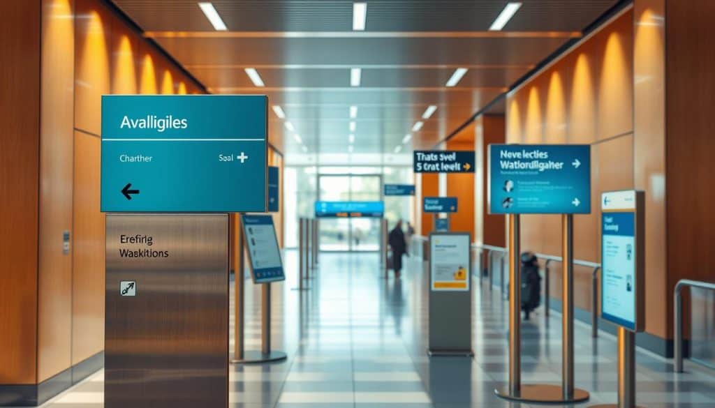 A vibrant, hyper-realistic image of a modern, well-designed signage system for a public space. The foreground showcases a series of sleek, minimalist wayfinding signs made of brushed metal and frosted glass, strategically placed at eye level to guide visitors through the area. The middle ground features a mix of informational placards and directional markers, utilizing clean typography and consistent iconography to convey essential information. In the background, a warm, natural lighting scheme illuminates the space, casting subtle shadows and highlights that accentuate the signage's elegant form and function. The overall atmosphere exudes a sense of order, accessibility, and visual harmony, reflecting the thoughtful curation of the signage design to enhance the user experience in this public environment.