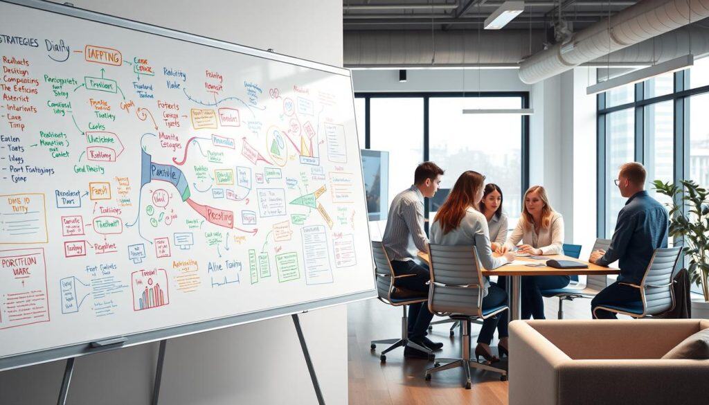 A vibrant, hyper-realistic image of an office workspace, showcasing various strategies and tactics for effective advertising campaigns. In the foreground, a large whiteboard displays colorful mind maps, diagrams, and scribbled notes, reflecting the creative process. In the middle ground, a group of marketing professionals huddle around a conference table, engaged in an animated discussion, their expressions conveying a sense of collaboration and problem-solving. The background features a modern, minimalist office setting, with sleek furniture, strategically placed lighting, and large windows that let in natural illumination, creating a bright, airy atmosphere. The overall scene exudes a sense of professionalism, innovation, and a relentless pursuit of effective marketing strategies.