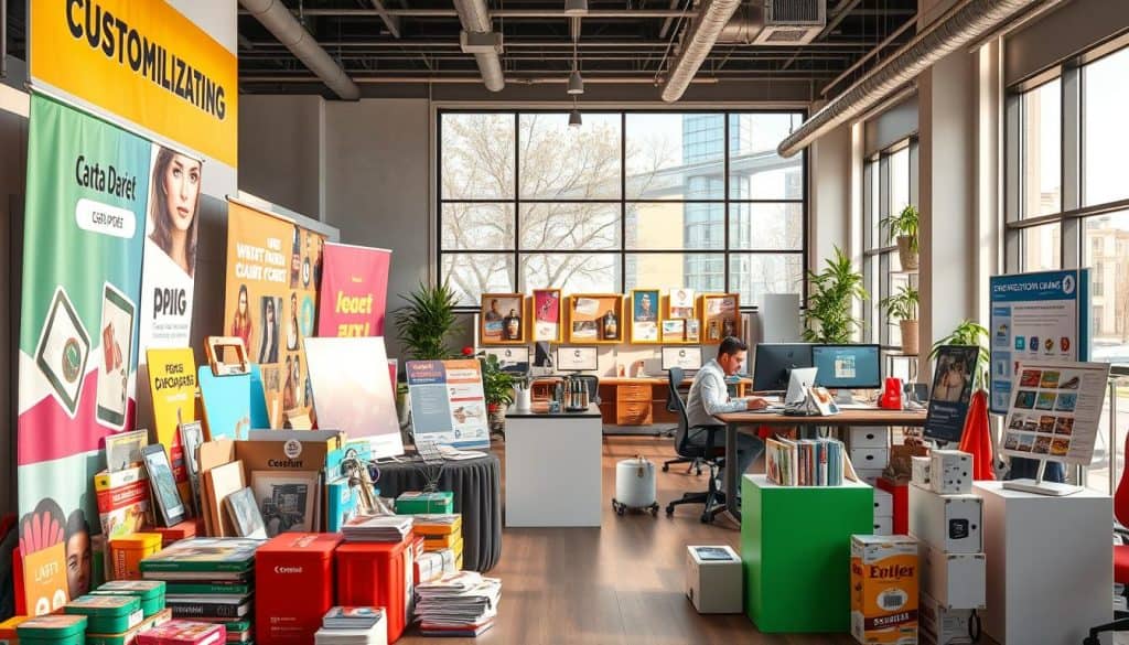 A vibrant, hyper-realistic image showcasing a variety of customizable POP (Point of Purchase) materials. The foreground features a diverse array of promotional items such as banners, signage, and product displays, meticulously crafted with attention to detail. The middle ground highlights the personalization process, with graphic designers manipulating digital templates on their workstations. In the background, a modern office space with sleek furniture and large windows, bathed in warm, natural lighting, creating a professional and inviting atmosphere. The overall composition conveys a sense of creativity, innovation, and the power of personalized POP solutions to captivate and engage target audiences.
