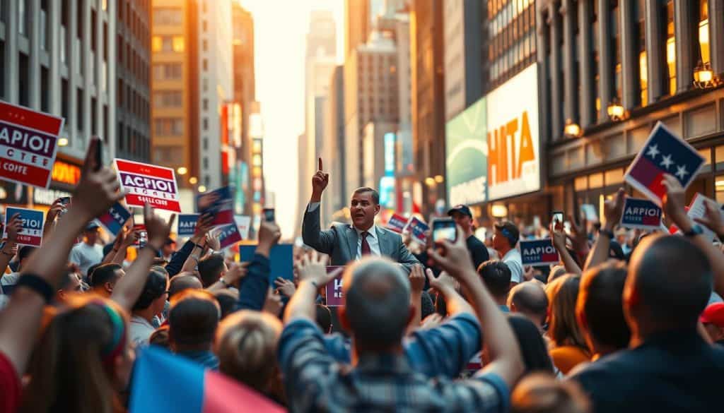 A vibrant, hyper-realistic photograph depicting a successful political campaign. In the foreground, a group of enthusiastic supporters waving colorful banners and posters, their faces alight with excitement. In the middle ground, a charismatic candidate stands at a podium, addressing the crowd with an impassioned speech, their body language radiating confidence and determination. The background is a bustling city street, filled with towering buildings and the energy of a thriving metropolis. Warm, golden lighting casts a celebratory glow over the entire scene, capturing the triumph and optimism of a hard-fought victory.