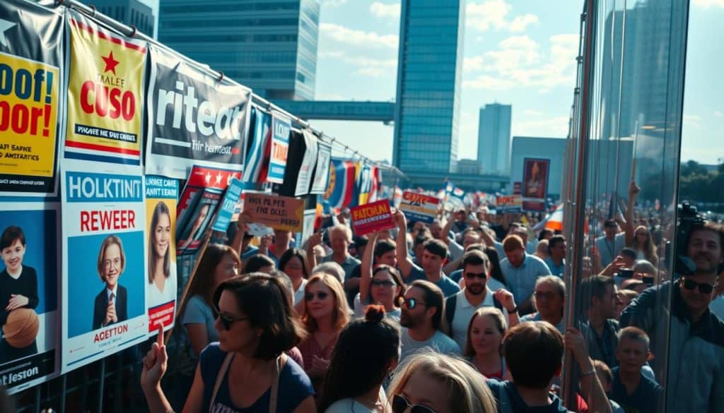 A vibrant, hyper-realistic scene showcasing the power of political POP materials. In the foreground, a captivating array of campaign posters, flyers, and banners, each with a bold, eye-catching design that commands attention. The middle ground features a bustling crowd of supporters, their faces alight with enthusiasm as they engage with the dynamic visuals. In the background, a backdrop of modern, urban architecture sets the stage, suggesting the integrated nature of these POP elements within a strategic political landscape. Dramatic lighting casts dramatic shadows, accentuating the dynamic energy and impact of these carefully crafted promotional materials.