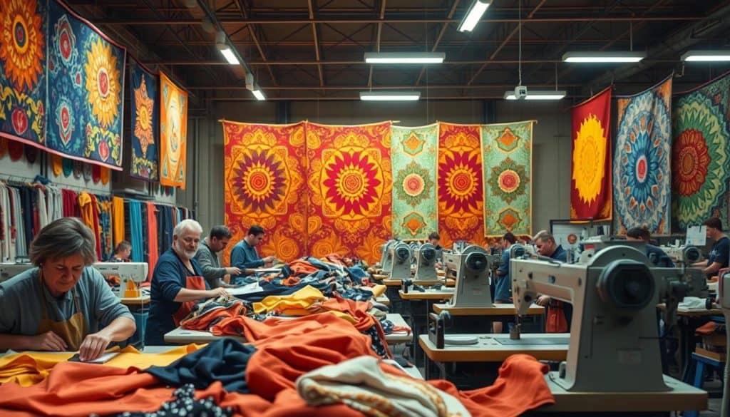 A vibrant workshop scene showcasing the intricate process of creating banners. In the foreground, skilled artisans carefully select and measure fabrics, their hands deftly wielding cutting tools. In the middle ground, industrial sewing machines hum as they stitch together the vibrant panels, each one a unique work of art. The background is filled with a kaleidoscope of colorful banners, their bold designs and patterns casting a warm, inviting glow throughout the space. Overhead, carefully placed lighting casts dramatic shadows, accentuating the textures and details of the work in progress. The overall atmosphere is one of focused creativity, where the passions of the craftspeople shine through in every step of the banner-making process.
