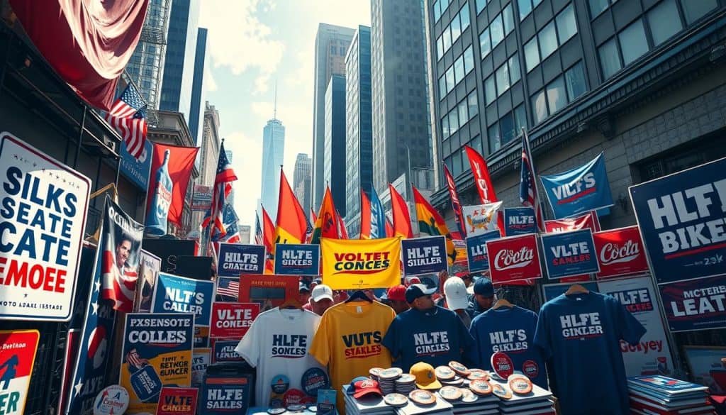 An array of vibrant, photorealistic electoral campaign materials in a dynamic composition. In the foreground, an assortment of colorful posters, banners, and flags featuring bold typography and striking graphics. In the middle ground, a collection of branded merchandise like t-shirts, hats, and buttons. The background reveals a bustling urban setting, with buildings and cityscapes providing a lively backdrop. Dramatic lighting casts dramatic shadows, heightening the sense of energy and urgency. Captured with a wide-angle lens to convey a sense of scale and immersion. The overall mood is one of dynamism, civic engagement, and the high-stakes world of electoral politics.