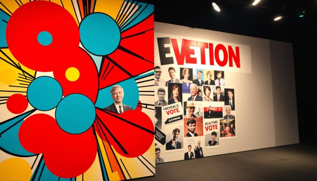 An election-themed pop art display with vibrant colors, geometric shapes, and dynamic composition. In the foreground, bold graphic elements such as overlapping circles, triangles, and lines create a visually striking pattern. The middle ground features a collage of campaign imagery, including candidate portraits, slogans, and voting icons. The background showcases a subtle gradient or textured backdrop that enhances the overall pop art aesthetic. Lighting is theatrical, with dramatic shadows and highlights that accentuate the bold, eye-catching design. The overall mood is energetic, modern, and visually engaging, reflecting the lively nature of the electoral process.