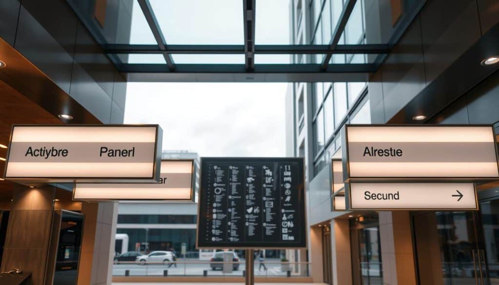 An intricately detailed, hyper-realistic photograph of a modern, well-designed signage system in a commercial setting. The foreground features a series of sleek, minimalist wayfinding signs made of brushed metal and frosted glass, illuminated by warm, recessed lighting. The middle ground showcases a directory board with precisely aligned icons and typography, seamlessly integrated into the architectural environment. In the background, the scene is framed by clean, geometric building facades and a subtly overcast sky, creating a sense of urban sophistication and functionality. The overall atmosphere conveys a professional, high-quality approach to public signage and information design.