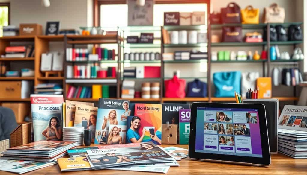 An office workspace with a variety of popular promotional materials neatly arranged on a wooden desk. In the foreground, colorful brochures, flyers, and product samples are displayed, showcasing their vibrant designs and attention-grabbing visuals. The middle ground features a tablet displaying digital mockups and marketing templates, hinting at the versatility of modern POP solutions. In the background, shelves filled with various branded merchandise, such as pens, notebooks, and bags, emphasize the wide range of personalization options available. Warm, natural lighting filters through the windows, creating a welcoming and professional atmosphere. The scene conveys the importance of visually appealing and strategically placed POP materials in effectively promoting a brand or product.