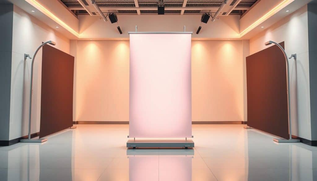 Elegant vinyl banners displayed in a modern advertising space, backlit with soft, warm lighting that highlights the vibrant colors and crisp, high-quality print. The vinyl material reflects the light, creating a subtle sheen and depth. The banner design features a bold, visually striking graphic or image that immediately captures the viewer's attention. The composition is well-balanced, with the vinyl banner taking center stage, surrounded by a clean, minimalist environment that allows the advertisement to shine. The overall scene conveys a sense of professionalism, attention to detail, and the impactful nature of this advertising medium. Elegant vinyl banners displayed in a modern advertising space, backlit with soft, warm lighting that highlights the vibrant colors and crisp, high-quality print. The vinyl material reflects the light, creating a subtle sheen and depth. The banner design features a bold, visually striking graphic or image that immediately captures the viewer's attention. The composition is well-balanced, with the vinyl banner taking center stage, surrounded by a clean, minimalist environment that allows the advertisement to shine. The overall scene conveys a sense of professionalism, attention to detail, and the impactful nature of this advertising medium.