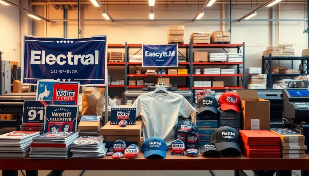 Hyper realistic, high-resolution photos of specialized electoral advertising products. Forefront displays a variety of campaign signage, banners, and branded promotional items such as t-shirts, hats, and buttons. Mid-ground showcases professional-grade printing and fabrication equipment used to produce these materials. Background depicts a modern, well-lit industrial workspace with shelves of raw materials, packaging supplies, and finished products ready for distribution. Warm, vibrant lighting casts dynamic shadows and highlights the intricate details of each item. Crisp, clean composition with a focus on the array of specialized electoral advertising merchandise.
