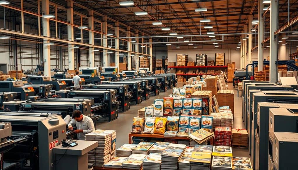 Hyper realistic photos of a large modern commercial printing facility, showcasing a range of specialized graphic arts services. The foreground features various printing presses, cutting and binding equipment, and workers meticulously crafting high-quality printed materials. In the middle ground, a display of vibrant, eye-catching printed samples and packaging designs. The background reveals a well-organized warehouse stocked with raw materials and finished products, conveying the company's efficiency and attention to detail. Warm, directional lighting illuminates the scene, creating a professional, industrial atmosphere. The overall impression is of a comprehensive, technologically advanced graphic arts enterprise capable of delivering exceptional, customized solutions. Hyper realistic photos of a large modern commercial printing facility, showcasing a range of specialized graphic arts services. The foreground features various printing presses, cutting and binding equipment, and workers meticulously crafting high-quality printed materials. In the middle ground, a display of vibrant, eye-catching printed samples and packaging designs. The background reveals a well-organized warehouse stocked with raw materials and finished products, conveying the company's efficiency and attention to detail. Warm, directional lighting illuminates the scene, creating a professional, industrial atmosphere. The overall impression is of a comprehensive, technologically advanced graphic arts enterprise capable of delivering exceptional, customized solutions.