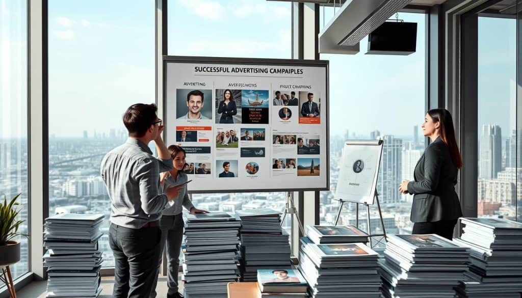 Hyper realistic photos of a well-lit modern office space, with a large whiteboard displaying various successful advertising campaign examples. In the foreground, a team of business professionals enthusiastically reviewing and discussing the campaigns, their expressions conveying a sense of collaboration and excitement. The middle ground features neatly organized stacks of marketing materials, brochures, and other visuals related to the campaigns. The background showcases a panoramic view of a bustling city skyline, hinting at the broader business landscape these campaigns were designed to navigate. The overall mood is one of professionalism, innovation, and the thrill of achieving meaningful results through effective advertising strategies.