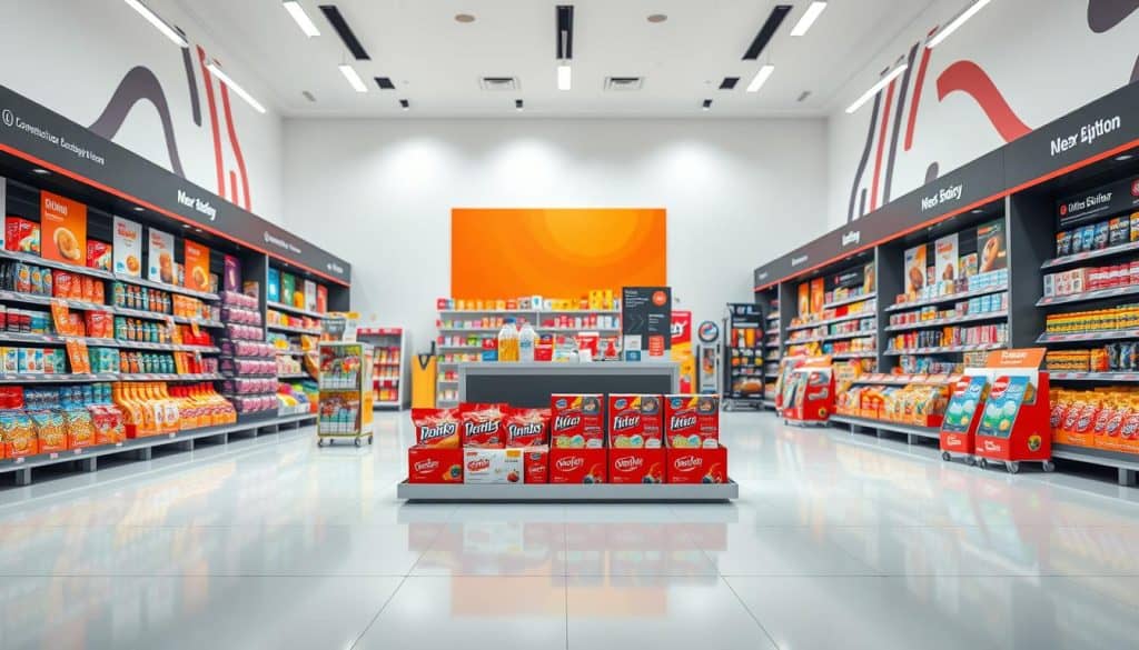 Planificación y objetivos en Material POP: a hyper realistic photographic scene depicting a meticulously arranged display of colorful point-of-purchase marketing materials. In the foreground, a series of strategically placed product packages, banners, and promotional items capture the viewer's attention. The middle ground features a well-lit, clean, and minimalist retail environment, with carefully curated lighting and camera angles to showcase the vibrant hues and intricate details of the POP elements. The background subtly hints at the wider campaign strategy, with abstract graphic patterns or subtle branding cues that tie the visual components together. The overall mood is one of precision, professionalism, and a clear sense of purpose, conveying the importance of integrated POP in effective marketing campaigns.