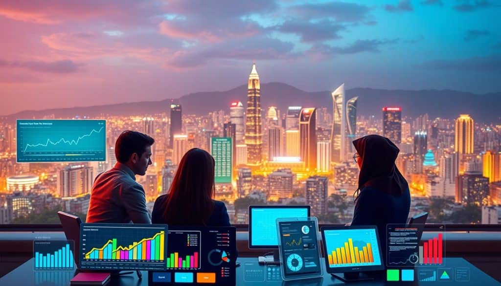 Strategies for Digital Marketing in Colombia: A hyper-realistic scene depicts a vibrant digital landscape. In the foreground, a team of marketing professionals collaborates, surrounded by colorful graphs, charts, and screens displaying data analytics. The middle ground showcases a variety of digital marketing tools and platforms, each contributing to a comprehensive strategy. In the background, the skyline of a bustling Colombian city serves as a backdrop, reflecting the national context. Warm lighting casts a professional, yet dynamic atmosphere, illustrating the powerful intersection of digital marketing and the Colombian business environment.