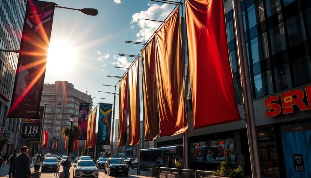 Vibrant, eye-catching outdoor advertising banners displayed in a dynamic urban setting. Tall, sturdy metal frames support large-format fabric or vinyl panels featuring striking visuals and bold typography. The banners are strategically placed along busy streets, capturing the attention of pedestrians and drivers. Dramatic lighting from the afternoon sun casts dramatic shadows and highlights the textural quality of the materials. The scene conveys a sense of energy and vibrancy, effectively showcasing the potential of these versatile advertising mediums to engage and inspire audiences. Vibrant, eye-catching outdoor advertising banners displayed in a dynamic urban setting. Tall, sturdy metal frames support large-format fabric or vinyl panels featuring striking visuals and bold typography. The banners are strategically placed along busy streets, capturing the attention of pedestrians and drivers. Dramatic lighting from the afternoon sun casts dramatic shadows and highlights the textural quality of the materials. The scene conveys a sense of energy and vibrancy, effectively showcasing the potential of these versatile advertising mediums to engage and inspire audiences.