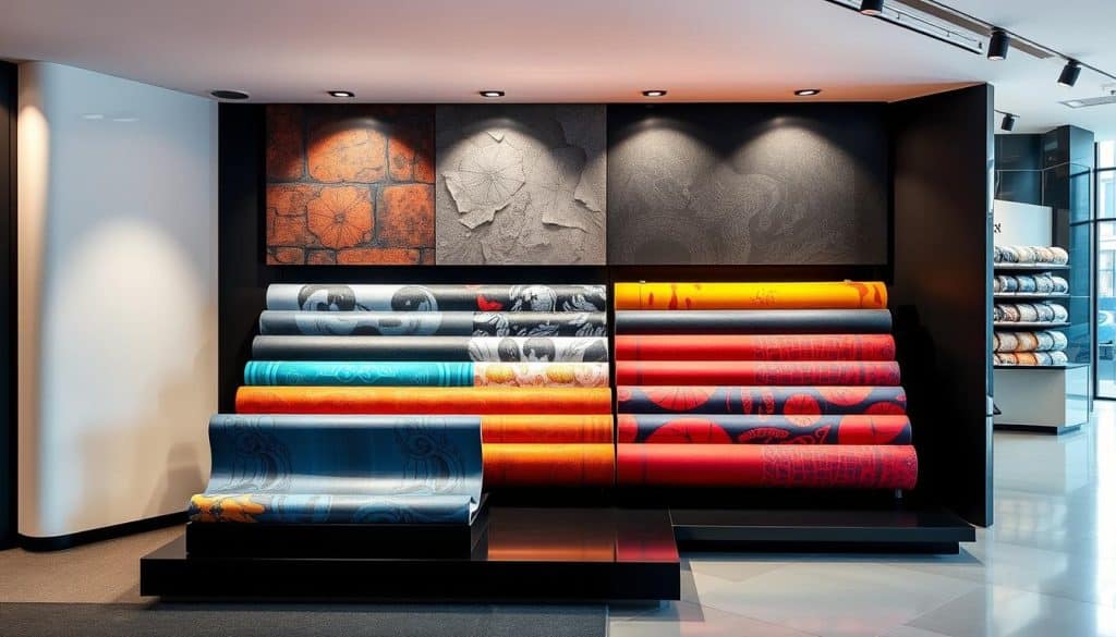 Visually striking retail vinyl display, showcasing a vibrant array of high-quality printed vinyls. Positioned in a well-lit, modern setting, the display catches the eye with its clean, minimalist design and attention-grabbing graphics. Textured matte vinyl surfaces in a range of bold, captivating colors and patterns draw the viewer's gaze, creating a sense of tactile allure. Precisely aligned, the vinyls are presented in an organized, visually appealing manner, inviting closer inspection. Subtle, directional lighting accentuates the depth and dimensionality of the display, adding a sense of depth and drama. The overall composition exudes a sleek, contemporary aesthetic, perfectly suited to highlight the versatility and visual impact of these premium printed vinyls in a retail environment.