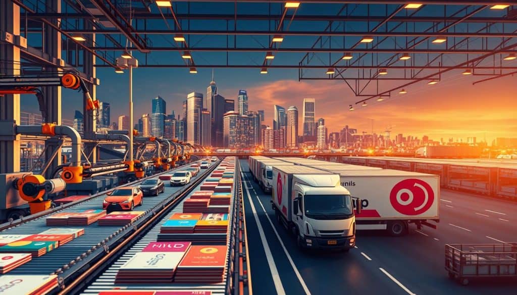 Vivid hyper realistic photograph of an integrated distribution strategy for POP (Point of Purchase) materials. Foreground features a modern logistics hub with automated conveyor belts, robotic arms, and smart barcoding systems efficiently moving and organizing colorful POP displays. Middle ground showcases a fleet of delivery trucks with branded graphics, preparing to distribute the materials to retail locations. Background depicts city skyline with towering office buildings, suggesting a connected ecosystem of brand marketing, graphic design, and supply chain optimization. Warm lighting, clean lines, and a sense of precision convey a sophisticated, streamlined approach to effective POP distribution. Vivid hyper realistic photograph of an integrated distribution strategy for POP (Point of Purchase) materials. Foreground features a modern logistics hub with automated conveyor belts, robotic arms, and smart barcoding systems efficiently moving and organizing colorful POP displays. Middle ground showcases a fleet of delivery trucks with branded graphics, preparing to distribute the materials to retail locations. Background depicts city skyline with towering office buildings, suggesting a connected ecosystem of brand marketing, graphic design, and supply chain optimization. Warm lighting, clean lines, and a sense of precision convey a sophisticated, streamlined approach to effective POP distribution.