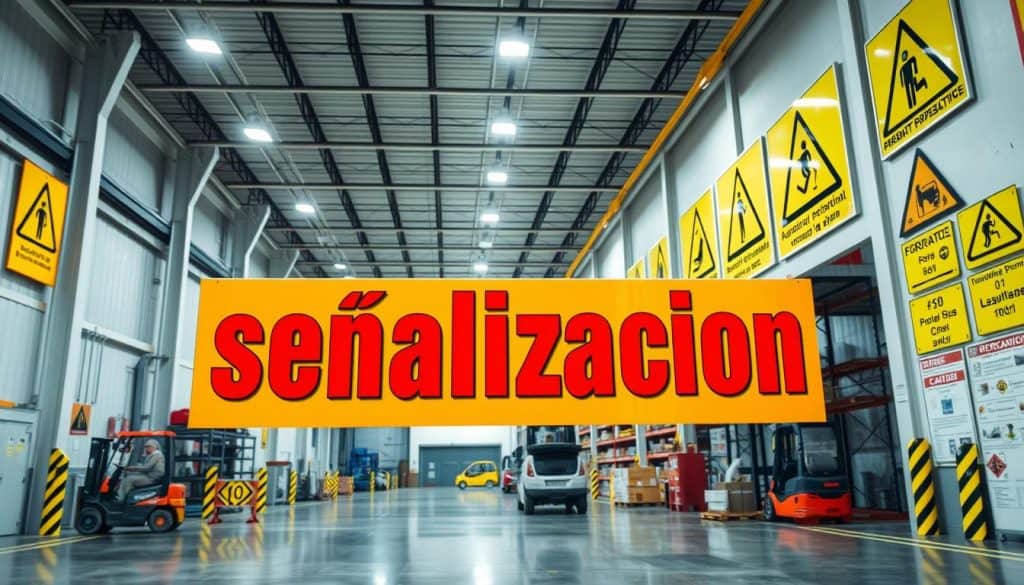 A bright, well-lit industrial warehouse interior, with an array of large, vibrant safety warning signs prominently displayed on the walls. The signs feature bold graphics and text in Spanish, depicting various industrial hazards and risks. The foreground is dominated by a large, prominently placed "señalización" sign, its colors and typography crafted to draw the viewer's attention. The middle ground features a range of other safety signs, including mandatory personal protective equipment, forklift traffic, and caution symbols. The background showcases the warehouse's utilitarian layout, with shelving units, storage racks, and other logistical equipment visible. The overall atmosphere conveys a sense of safety, organization, and professionalism, reflecting the specialized nature of the subject matter.