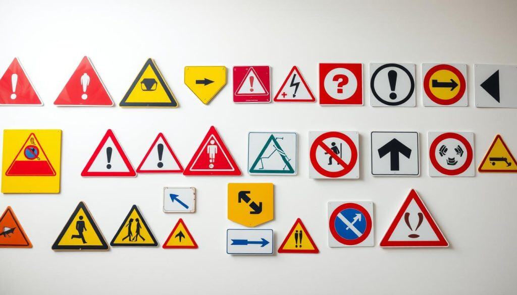 A brightly lit, high-angle photograph of a collection of various safety signs and symbols against a clean, minimalist background. The signs should include common shapes and colors like triangles, circles, and rectangles in red, yellow, and blue, depicting universal icons for hazards, directions, and regulations. The lighting should be diffused and softly illuminating the signs, creating a sense of clarity and emphasis on the visual language of safety communication. The overall composition should be balanced and organized, highlighting the distinct and recognizable nature of these standardized signage elements.
