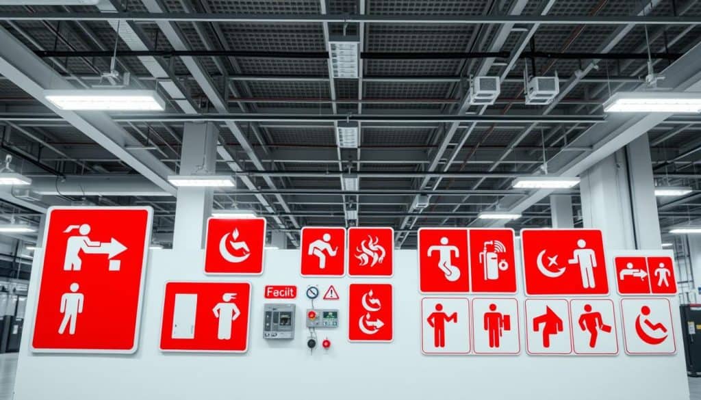 A brightly lit indoor scene showcasing a variety of fire safety signage. In the foreground, a series of red and white pictogram signs indicate fire exits, fire extinguishers, and other safety equipment. The middle ground features a wall-mounted fire alarm panel and emergency lighting fixtures. The background depicts an expansive industrial or commercial space, with high ceilings and clean, minimalist architectural details. The lighting is crisp and even, with a sense of alertness and preparedness. The overall atmosphere conveys a focus on safety, compliance, and the importance of clear visual communication in emergency situations. A brightly lit indoor scene showcasing a variety of fire safety signage. In the foreground, a series of red and white pictogram signs indicate fire exits, fire extinguishers, and other safety equipment. The middle ground features a wall-mounted fire alarm panel and emergency lighting fixtures. The background depicts an expansive industrial or commercial space, with high ceilings and clean, minimalist architectural details. The lighting is crisp and even, with a sense of alertness and preparedness. The overall atmosphere conveys a focus on safety, compliance, and the importance of clear visual communication in emergency situations.