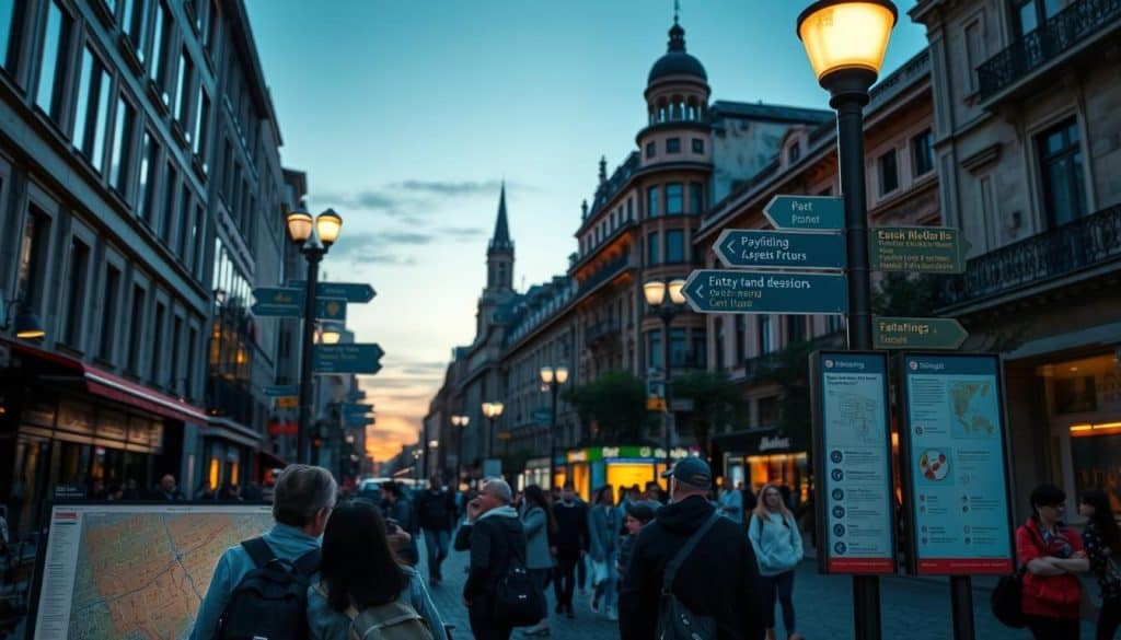 A bustling city street at dusk, with well-designed wayfinding signs guiding tourists through the urban landscape. The signage features clear icons, legible typography, and a color scheme that stands out against the fading daylight. In the foreground, a group of travelers consult a large map panel, their faces illuminated by the warm glow of nearby streetlights. The middle ground reveals pedestrians confidently navigating the area, while the background showcases the architectural details of the buildings and the evening sky transitioning into twilight. The scene conveys a sense of orientation, safety, and an enjoyable tourism experience facilitated by the effective placement and design of the signage.