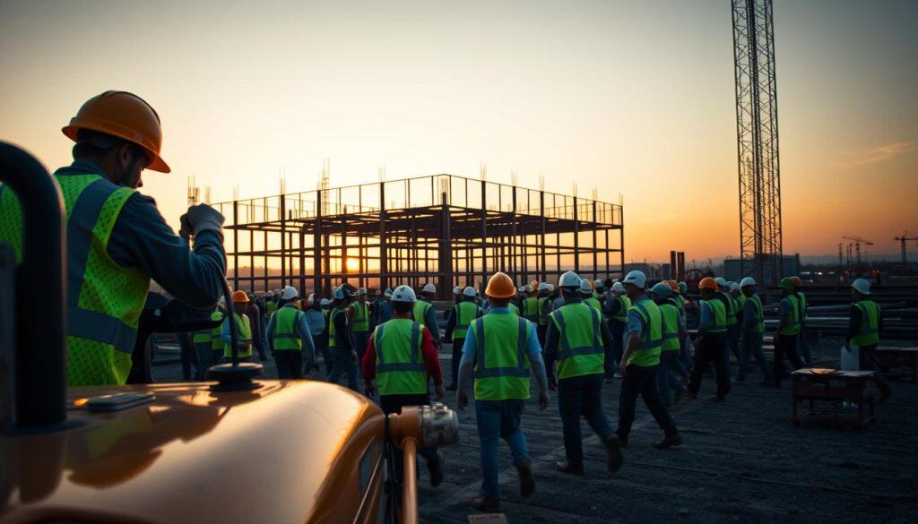 A bustling construction site at dusk, workers in high-visibility vests and hard hats move with purpose under warm, diffused lighting. In the foreground, a worker operates heavy machinery, its yellow paint gleaming. In the middle ground, a group of workers coordinate tasks, their movements choreographed for maximum efficiency. The background features a partially built structure, its framework silhouetted against a golden-hued sky. The overall scene conveys a sense of diligence, safety, and the importance of visibility in ensuring a successful and secure construction project. A bustling construction site at dusk, workers in high-visibility vests and hard hats move with purpose under warm, diffused lighting. In the foreground, a worker operates heavy machinery, its yellow paint gleaming. In the middle ground, a group of workers coordinate tasks, their movements choreographed for maximum efficiency. The background features a partially built structure, its framework silhouetted against a golden-hued sky. The overall scene conveys a sense of diligence, safety, and the importance of visibility in ensuring a successful and secure construction project.