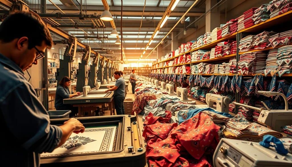 A bustling custom textile production facility, with intricate machinery and skilled artisans meticulously crafting a vibrant array of patterned handkerchiefs. In the foreground, a worker carefully screens a design onto a bolt of fabric, the process captured in sharp focus under warm, directional lighting. In the middle ground, seamstresses operate sewing machines, assembling the finished products, while in the background, shelves overflow with neatly folded, ready-to-ship handkerchiefs in a variety of colors and motifs. The scene conveys the precision, dedication, and efficiency of the "Proceso, tiempos y cantidades mínimas de pedido" workflow.