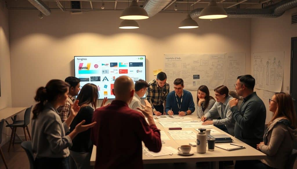 A bustling scene of a project planning meeting for a signage design initiative. In the foreground, a group of designers and project managers gather around a large table, gesturing animatedly as they review sketches and mock-ups. Overhead, soft, diffused lighting casts a warm glow, setting a contemplative mood. In the middle ground, a digital display board showcases various signage elements and color palettes, guiding the discussion. The background features a wall covered in sticky notes and sketches, evidence of the team's collaborative brainstorming process. The overall atmosphere conveys a sense of focused creativity and problem-solving as the team plans their signage project step-by-step.